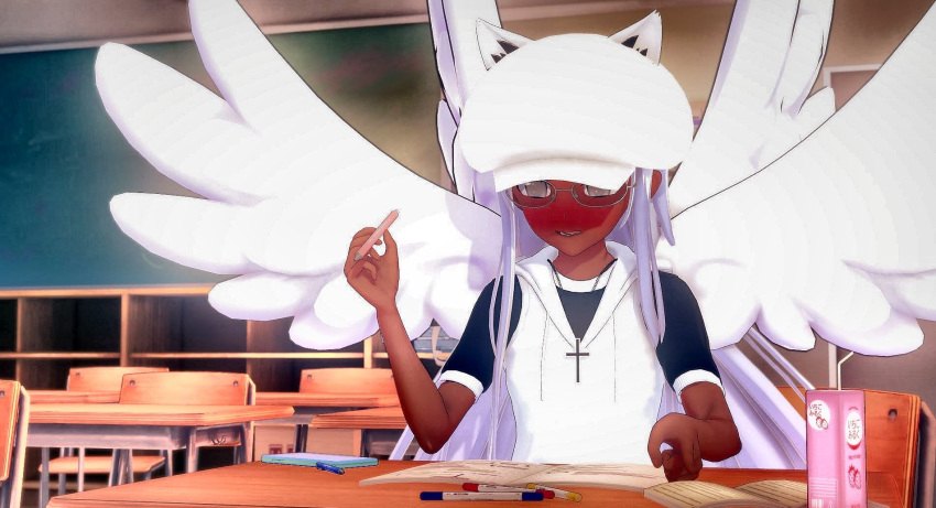 1girl angel_wings animal_ears cross cross_necklace dark-skinned_female dark_skin drawing glasses grey_eyes hat highres jewelry lunabrie necklace non-web_source safe self_upload solo wings wolf_ears wolf_girl