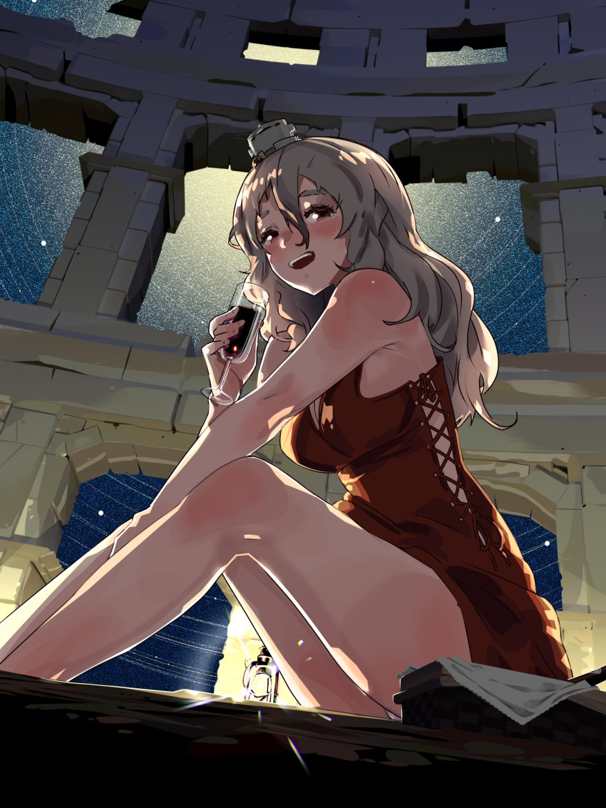 1girl absurdres alcohol alternate_costume arena basket blush bottle breasts brown_eyes colosseum cup dress drink drinking_glass drunk from_below full_moon grey_hair hat highres igarasy italy kantai_collection lantern legs lights long_hair looking_at_viewer looking_down medium_breasts mini_hat moon night open_mouth pola_(kancolle) pola_(kantai_collection) red_dress rome ruins safe sitting sky smile solo star_(sky) starry_sky wavy_hair wine wine_bottle wine_glass