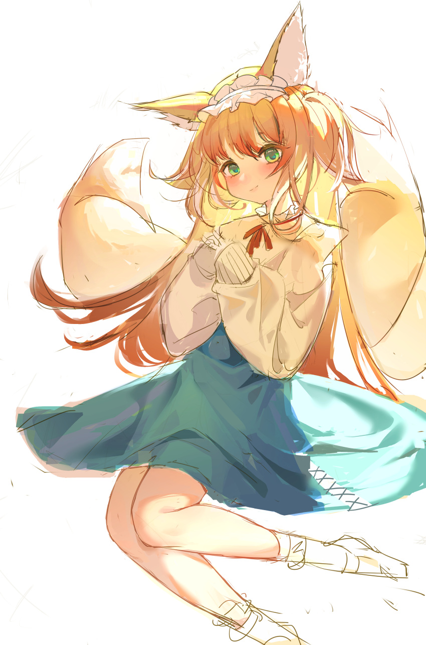 1girl absurdres animal_ears arknights blonde_hair blue_sky blush closed_mouth commentary_request feet_out_of_frame fox_ears fox_girl fox_tail frilled_hairband frills green_eyes hairband hands_up highres jacket kitsune long_hair long_sleeves looking_at_viewer neck_ribbon no_shoes own_hands_together puffy_long_sleeves puffy_sleeves red_ribbon ribbon safe simple_background sky sleeves_past_wrists smile socks solo suzuran_(arknights) suzuran_(spring_praise)_(arknights) tail two_side_up very_long_hair white_background white_hairband white_jacket white_socks xi_nai