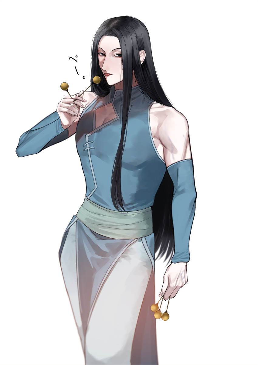 1boy absurdres ayuaho bangs bare_shoulders black_eyes black_hair candy dango expressionless feet_out_of_frame food highres holding holding_food holding_needle hunter_x_hunter illumi_zoldyck licking_object lollipop long_hair looking_at_viewer male_focus needle pale_skin pectoral_cleavage pectorals safe saliva sleeveless solo toned toned_male