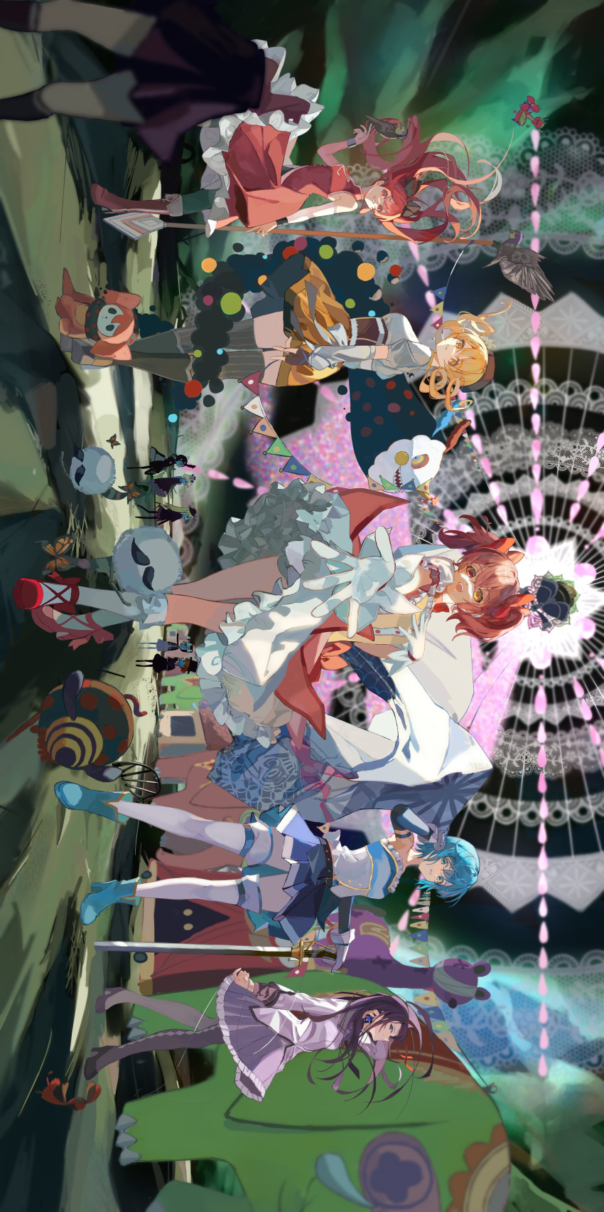 5girls 6+others absurdres akemi_homura alternate_eye_color anthony_(madoka_magica) argyle argyle_legwear bare_shoulders beret black_footwear black_hair black_pantyhose black_thighhighs blonde_hair blue_eyes blue_footwear blue_hair boots brown_eyes bubble_skirt cape character_request charlotte_(madoka_magica) check_character commentary corset detached_sleeves dress drill_hair fingerless_gloves frilled_skirt frills full_body gloves gun hair_ornament hairband hairclip hairpin hat high_heels highres holding holding_sword holding_weapon kaname_madoka knee_boots kneehighs long_hair looking_at_viewer magical_girl magical_musket mahou_shoujo_madoka_magica mathieu_(madoka_magica) miki_sayaka multiple_girls multiple_others pantyhose pink_hair pleated_skirt polearm ponytail puffy_sleeves red_dress red_eyes red_footwear red_hair redhead ribbon rotated safe sakura_kyouko shirasuke_0822 short_hair short_twintails skirt socks spear striped striped_legwear sword thigh-highs thighhighs tomoe_mami twin_drills twintails vertical-striped_legwear vertical_stripes walpurgisnacht_(madoka_magica) weapon white_gloves white_socks white_thighhighs witch_(madoka_magica) yellow_eyes zettai_ryouiki
