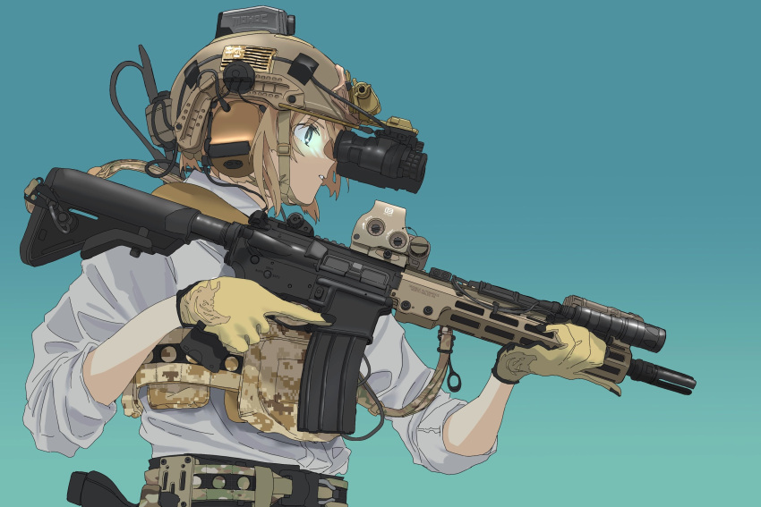 1girl 1other absurdres ammunition_belt androgynous aqua_background assault_rifle binoculars black_eyes blonde_hair camouflage commentary ear_protection english_commentary from_side geissele_urg-i gloves gradient gradient_background green_background gun helmet highres holding holding_gun holding_weapon light_brown_hair m4_carbine military night_vision_device original parted_lips profile rifle safe shirt short_hair simple_background solo soutou_nagi tactical_clothes upper_body weapon white_shirt yellow_gloves