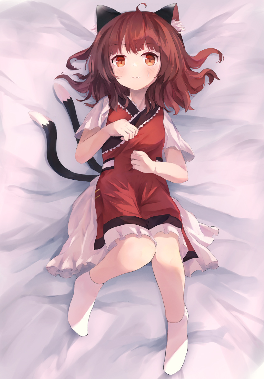 1girl absurdres ahoge animal_ear_fluff animal_ears ar_(maeus) bed_sheet blush brown_eyes brown_hair cat_ears cat_girl cat_tail chen commentary_request dress fang fang_out foul_detective_satori full_body highres looking_at_viewer lying medium_hair multiple_girls multiple_tails nekomata no_headwear no_shoes on_back red_tabard short_dress socks solo sweatdrop tail touhou two_tails white_dress white_socks