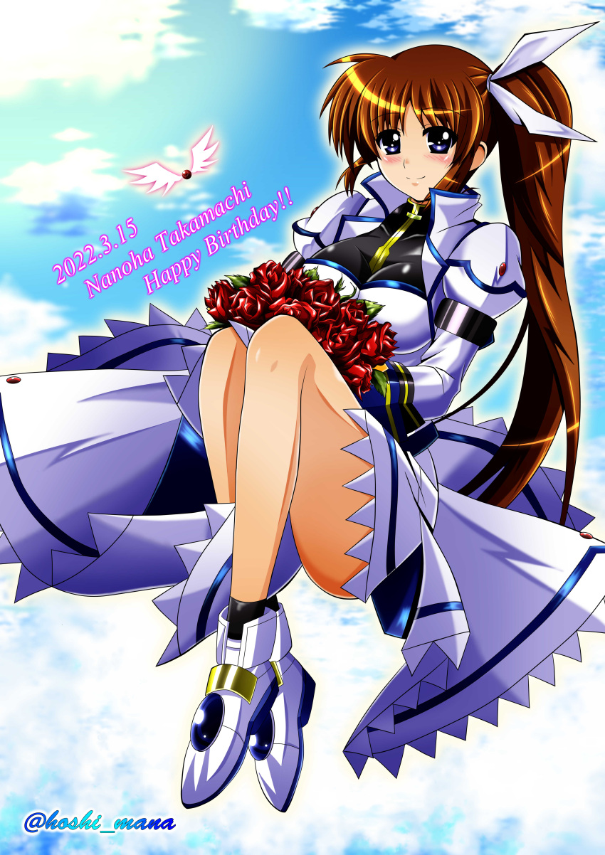 1girl absurdres birthday blue_eyes blush bouquet breasts brown_hair closed_mouth dated fingerless_gloves flower full_body hair_ribbon happy_birthday highres holding holding_bouquet juliet_sleeves large_breasts long_hair looking_at_viewer lyrical_nanoha magical_girl mahou_shoujo_lyrical_nanoha_strikers ponytail puffy_sleeves purple_eyes raising_heart rappasan05 ribbon shiny shiny_hair shiny_skin side_ponytail sky smile takamachi_nanoha