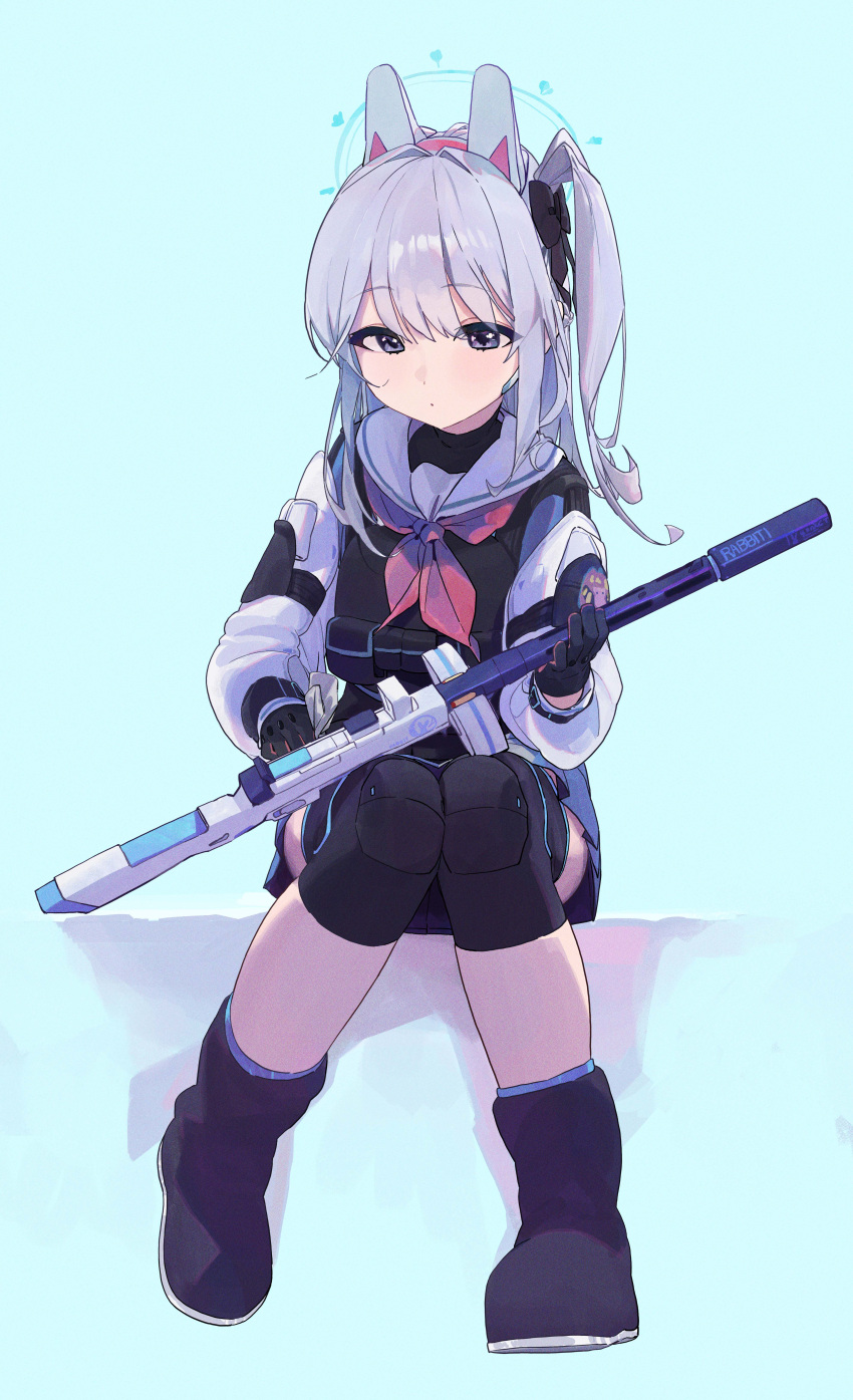 1girl absurdres aqua_background bangs black_bow black_footwear black_gloves blue_archive blue_skirt boots bow bulletproof_vest full_body gloves grey_hair gun hair_bow highres holding holding_gun holding_weapon ikky knee_pads long_hair long_sleeves miyako_(blue_archive) neckerchief one_side_up pink_neckerchief safe sailor_collar school_uniform serafuku simple_background sitting skirt solo submachine_gun suomi_kp/-31 tactical_clothes violet_eyes weapon white_sailor_collar