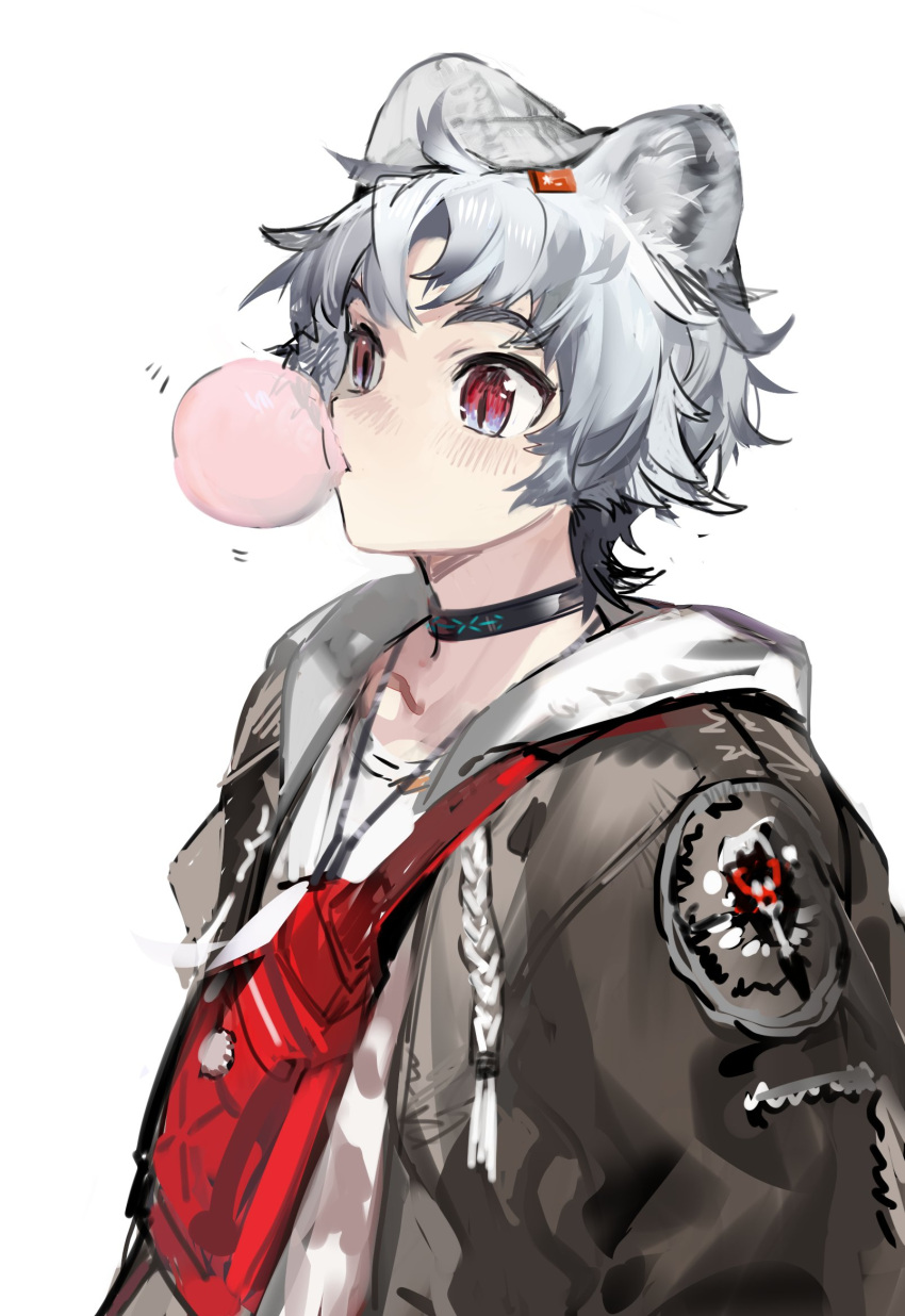 1boy 1girl animal_ears arknights bag bear_boy bear_ears bishounen blush bubble_blowing chewing_gum choker gradient gradient_background grey_hair highres hood infection_monitor_(arknights) jacket male_focus qanipalaat_(arknights) red_eyes safe short_hair simple_background solo upper_body white_background wolf_ears yyb