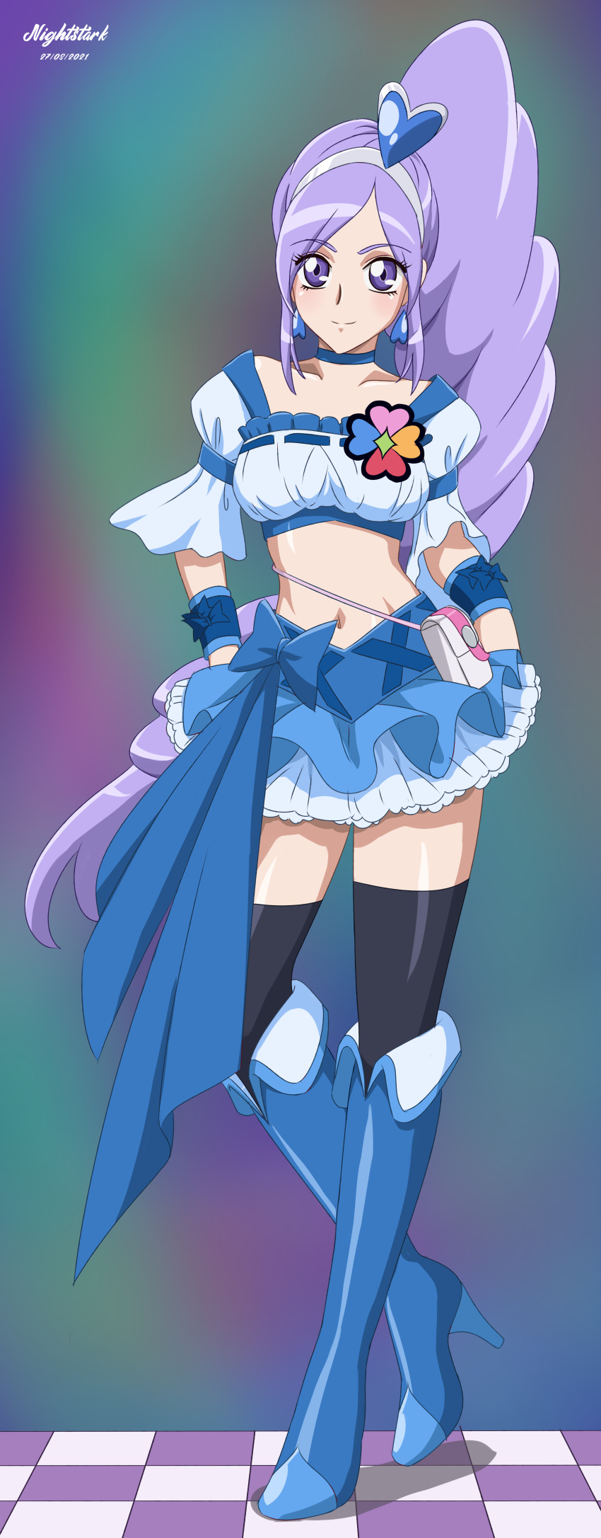 1girl absurdres aono_miki artist_name belly black_thighhighs blue_choker blue_footwear blue_skirt boots checkered checkered_floor choker clover_ornament cure_berry dated earrings fresh_precure! full_body hair_ornament heart heart_earrings heart_hair_ornament highres jewelry knee_boots long_hair magical_girl midriff multicolored_background navel nightstark pouch precure puffy_short_sleeves puffy_sleeves purple_eyes purple_hair ribbon short_sleeves skirt solo thigh-highs thigh_boots thighhighs tiara very_long_hair violet_eyes wrist_cuffs