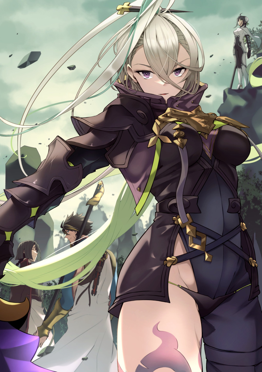 2boys 2girls absurdres arm_guards armor asymmetrical_clothes black_armor black_coat bodysuit breastplate bun_cover cape chinese_clothes coat covered_navel crossed_belts double_bun fate/grand_order fate_(series) gauntlets grey_bodysuit grey_hair grey_leotard hair_bun hair_ornament hairpin high_collar highres huang_feihu_(fate) huyan_zhuo_(fate) leotard looking_at_viewer looking_back morita_yuu multiple_boys multiple_girls pauldrons polearm purple_eyes qin_liangyu_(fate) safe shoulder_armor single_pantsleg skin_tight spear tai_gong_wang_(fate) violet_eyes weapon white_bodysuit white_cape