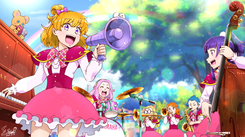6+girls :d absurdres artist_name asahina_mirai bangs blonde_hair blue_hairband blue_sky blunt_bangs blurry blurry_background bow capelet cello closed_eyes commentary_request dated day depth_of_field drum drum_set emily_(mahou_girls_precure!) glasses ha-chan_(mahou_girls_precure!) hair_bobbles hair_ornament hair_ribbon hairband hanami_kotoha highres holding holding_instrument holding_megaphone instrument izayoi_liko jun_(mahou_girls_precure!) kei_(mahou_girls_precure!) lens_flare long_hair long_sleeves looking_at_viewer low-tied_long_hair magic_school_uniform mahou_girls_precure! medium_hair megaphone miniskirt mofurun_(mahou_girls_precure!) multiple_girls music one_side_up opaque_glasses open_mouth orange_hair outdoors piano pink_bow playing_instrument ponytail precure purple_eyes purple_hair purple_ribbon rainbow red_bow red_capelet red_skirt ribbon round_eyewear safe satou_yasu saxophone school_uniform shirt short_hair signature skirt sky smile standing stuffed_animal stuffed_toy teddy_bear tree trombone trumpet violet_eyes white_shirt
