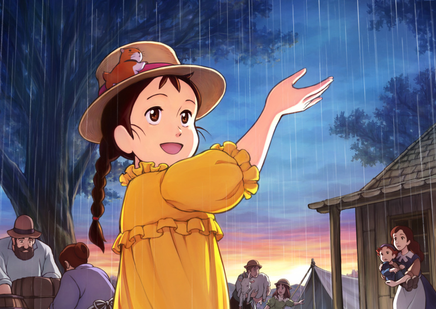 3boys 4girls :d barrel beard braid brown_hair dress facial_hair goat hamster hat highres holding house lucy_may_popple medium_hair minami_no_niji_no_lucy multiple_boys multiple_girls nakajima_majikana outdoors rain safe short_sleeves smile tent tree world_masterpiece_theater yellow_dress