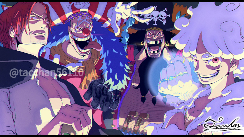 4boys beard black_hair blue_hair buggy_the_clown crossed_arms facial_hair gloves grin gun hat highres jacket letterboxed long_beard long_hair looking_at_viewer marshall_d._teach medium_hair monkey_d._luffy multiple_boys one_piece pirate pirate_costume pirate_hat red_eyes red_nose redhead safe scar scarf shanks_(one_piece) short_hair signature skull skull_and_crossbones smile tacchan56110 tongue tongue_out weapon white_hair