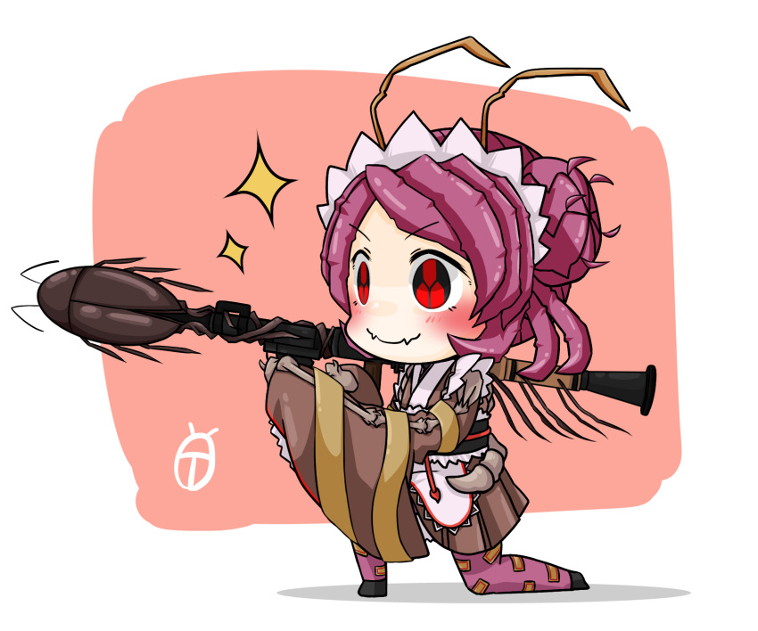 1girl antennae apron arthropod_girl black_footwear blush brown_kimono bug chibi cockroach commentary_request entoma_vasilissa_zeta extra_pupils fangs full_body hair_bun highres japanese_clothes kimono maid maid_headdress monster_girl ofuda one_knee overlord_(maruyama) pantyhose purple_hair purple_pantyhose red_background red_eyes rocket_launcher rpg rpg-7 short_hair simple_background skin_fangs sleeves_past_wrists smile solo sparkle standing sword touyakakasi two-tone_background waist_apron weapon white_background