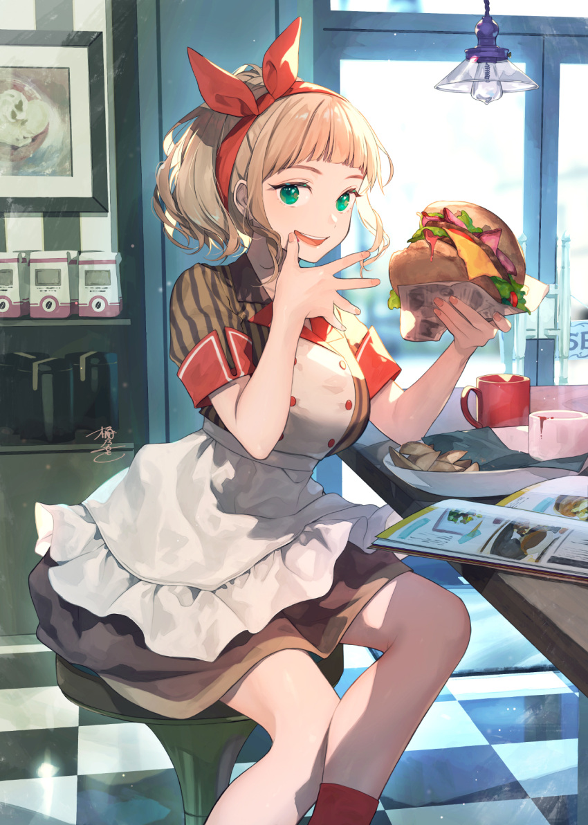 1girl apron bangs black_skirt blonde_hair bow brown_shirt burger character_request checkered checkered_floor chips_(food) copyright_request cup feet_out_of_frame food glass_door green_eyes hair_bow hamburger hanging_light highres holding holding_food looking_at_viewer menu mug okeno_kamoku open_mouth painting_(object) red_bow safe shirt short_sleeves skirt smile solo striped striped_shirt table vertical-striped_shirt vertical_stripes white_apron