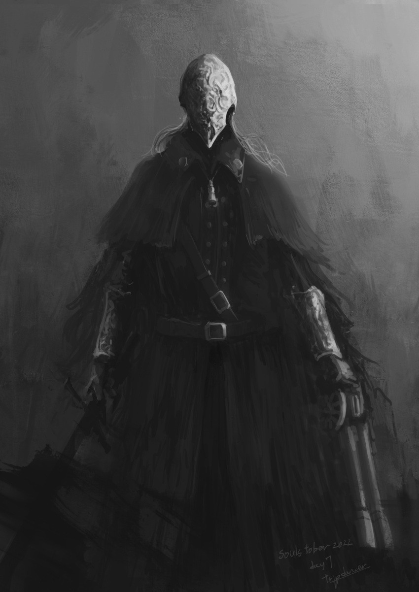 1girl artist_name belt bloodborne bloody_crow_of_cainhurst buttons double-breasted facing_viewer feet_out_of_frame gloves gradient gradient_background grey_background greyscale gun handgun helm helmet highres holding holding_gun holding_weapon jacket long_hair long_sleeves monochrome safe solo torn_capelet tripdancer weapon