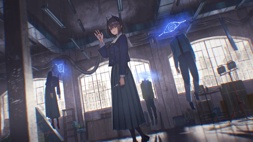 1girl 2boys 2girls bangs black_hair blood blood_on_weapon blue_eyes brown_hair collared_shirt english_commentary evil_smile floating full_body fuurin_sou hair_between_eyes hand_up highres holding holding_knife horns indoors jacket knife long_skirt long_sleeves looking_at_viewer multiple_boys multiple_girls necktie original pleated_skirt pointy_ears shirt shoes short_hair skirt smile solo standing weapon white_shirt window yellow_jacket