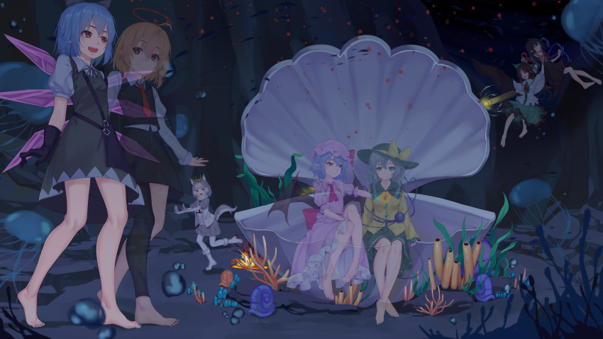 &gt;_&lt; 6+girls absurdres advent_cirno alternate_eye_color animal_ears aoi_(buzhuen444) arm_cannon ascot asymmetrical_wings barefoot bat_wings bird_wings black_bow black_dress black_hair black_skirt black_vest blonde_hair blue_eyes blue_hair blue_wings boots bow bowtie brown_hair brown_wings buttons cape center_frills cirno clam closed_mouth collared_shirt commentary_request control_rod coral crossover crown crystal diamond_button dog_(mixed_breed)_(kemono_friends) dog_ears dog_girl dog_tail dress eyeball feet fish flandre_scarlet frilled_dress frilled_shirt frilled_shirt_collar frilled_skirt frilled_sleeves frills full_body green_bow green_eyes green_headwear green_skirt grey_hair grey_skirt hair_bow hat hat_bow hat_ribbon heart heart_of_string heterochromia highres houjuu_nue jellyfish kemono_friends komeiji_koishi legs long_hair long_sleeves mob_cap multiple_girls nail_polish necktie open_mouth pantyhose pink_headwear pink_shirt pleated_skirt pointy_ears puffy_short_sleeves puffy_sleeves red_ascot red_bow red_bowtie red_eyes red_halo red_necktie red_ribbon red_wings reiuji_utsuho remilia_scarlet ribbon rumia safe scarf school_of_fish shirt short_dress short_hair short_sleeves skirt skirt_set smile snail tail third_eye toenail_polish toenails toes touhou underwater vest walking water wavy_hair weapon white_cape white_footwear white_pantyhose white_scarf white_shirt wings yellow_bow yellow_eyes yellow_shirt