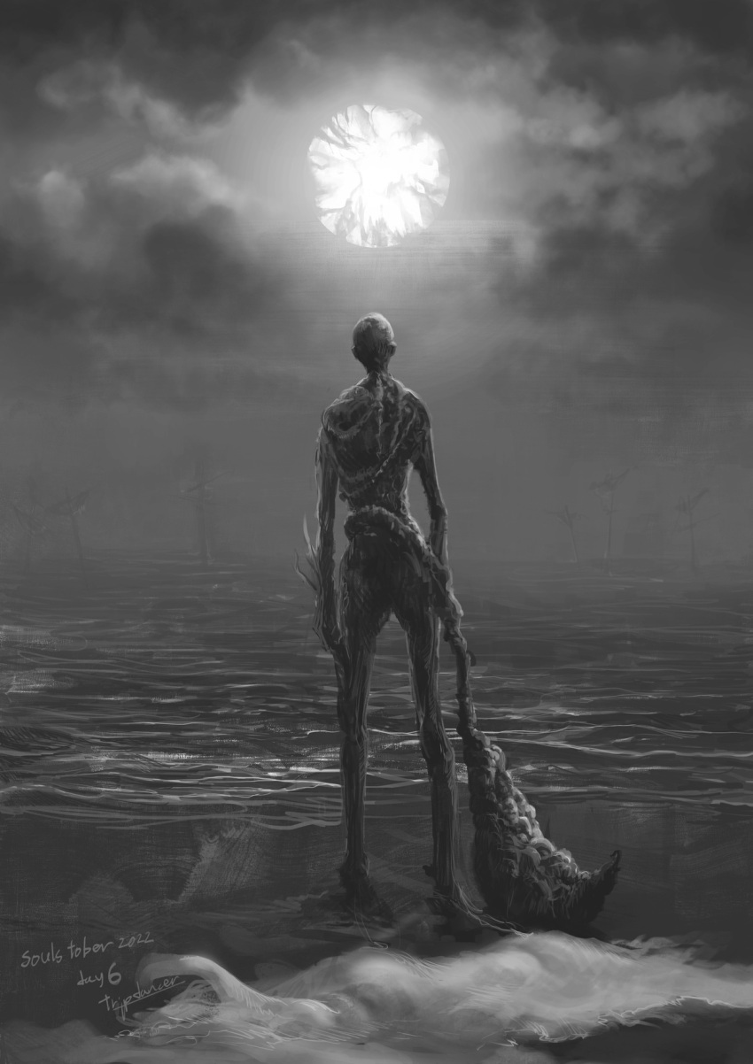 1boy arms_at_sides artist_name bald bloodborne cloud clouds commentary_request creature facing_away from_behind full_body greyscale highres holding holding_weapon horizon male_focus monochrome moon ocean orphan_of_kos outdoors safe signature sky solo standing tripdancer water weapon