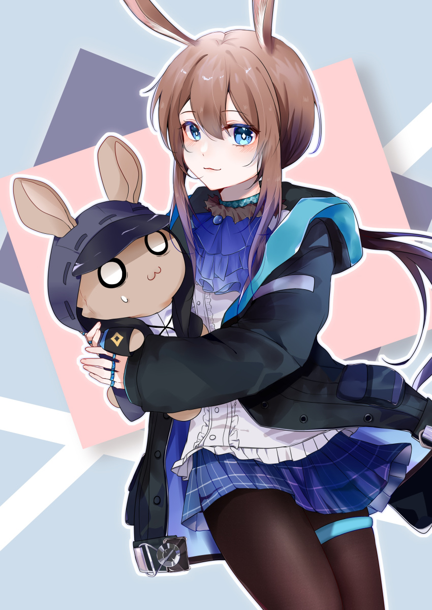 1girl absurdres achenjiezi amiya_(arknights) animal_ears arknights bangs black_jacket blue_eyes blue_skirt brown_hair brown_pantyhose bunny_ears center_frills closed_mouth commentary_request frills hair_between_eyes highres hood hood_down hooded_jacket jacket jewelry long_hair long_sleeves looking_at_viewer low_ponytail object_hug open_clothes open_jacket pantyhose pleated_skirt ponytail puffy_long_sleeves puffy_sleeves rabbit_ears ring safe shirt sidelocks skirt sleeves_past_wrists smile solo stuffed_animal stuffed_bunny stuffed_toy thumb_ring white_shirt