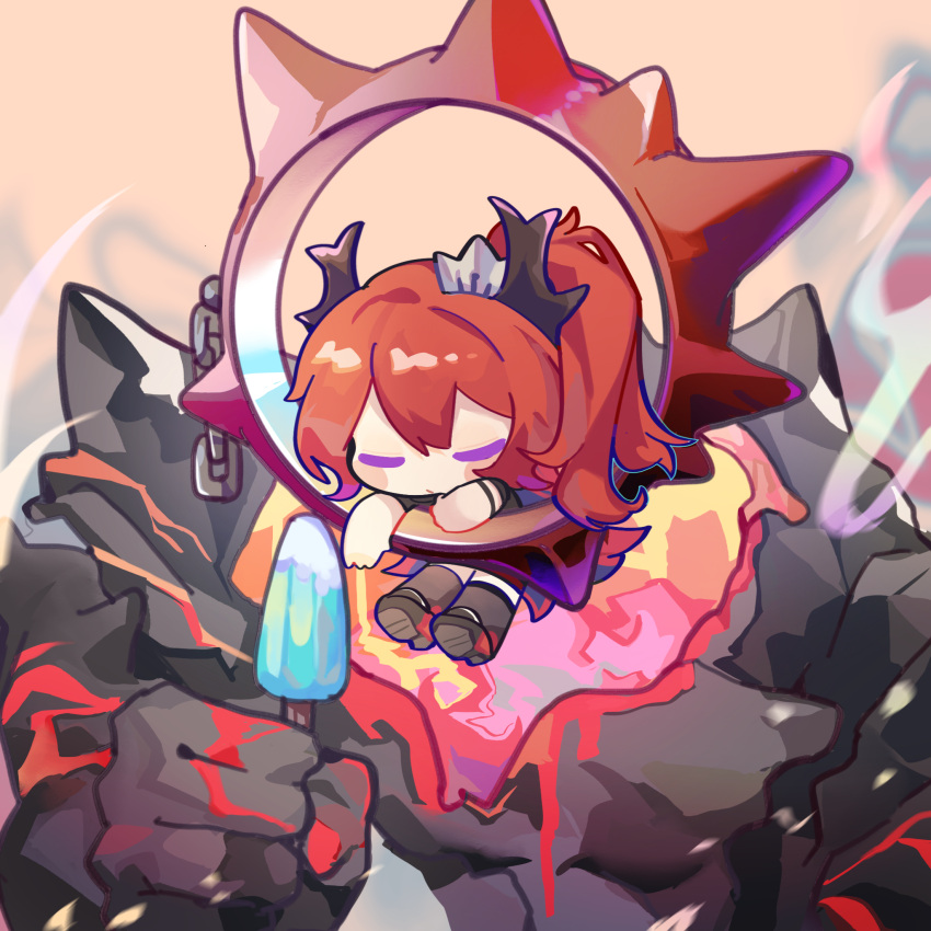 1girl :/ arknights black_footwear black_shirt blush_stickers chain chibi chinese_commentary closed_eyes closed_mouth commentary demon_girl demon_horns facing_viewer food full_body hair_ornament highres holding_ice_cream horns long_hair monster nitrogen342 official_alternate_costume pony popsicle redhead safe shirt shoes solo surtr_(arknights) surtr_(liberte_echec)_(arknights)