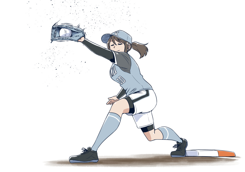 1girl alternate_hairstyle alternate_headwear bangs baseball baseball_cap baseball_mitt bike_shorts bike_shorts_under_shorts black_footwear black_shirt blue_headwear blue_shirt blue_socks brown_hair cleats closed_eyes closed_mouth girls_und_panzer hair_up hat highres layered_sleeves leaning_forward long_hair long_sleeves mika_(girls_und_panzer) motion_blur reaching_towards_viewer safe satou_yasu shirt shoes short_over_long_sleeves short_sleeves shorts simple_background smile socks softball softball_uniform solo sportswear standing white_background white_shorts