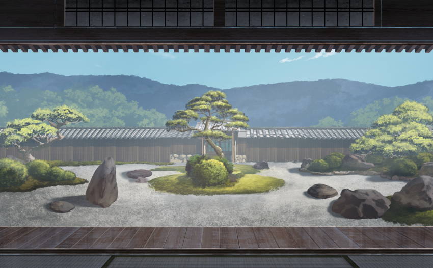 architecture bush choc0_(oda0208) clouds cobblestone courtyard day east_asian_architecture highres mountain no_humans original revision rock rock_garden scenery sky sliding_doors tile_roof tree wooden_floor wooden_wall