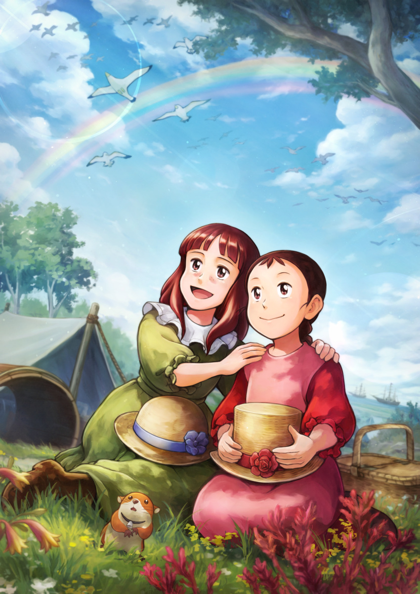 2girls :d basket bird blue_sky braid brown_footwear brown_hair cloud clouds day dress flower grass green_dress hamster hat hat_removed headwear_removed highres kate_popple long_hair lucy_may_popple minami_no_niji_no_lucy multiple_girls nakajima_majikana open_mouth outdoors picnic_basket pink_dress rainbow safe seagull short_sleeves sitting sky smile tent tree