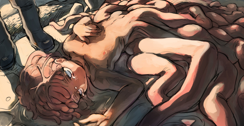 1boy absurdres blue_eyes closed_mouth colored_skin full_body hand_on_own_chest highres looking_at_viewer lying male_focus monster_boy nipples nude on_back original pink_hair pink_skin shima_(wansyon144) short_hair solo tentacle_hair tentacles