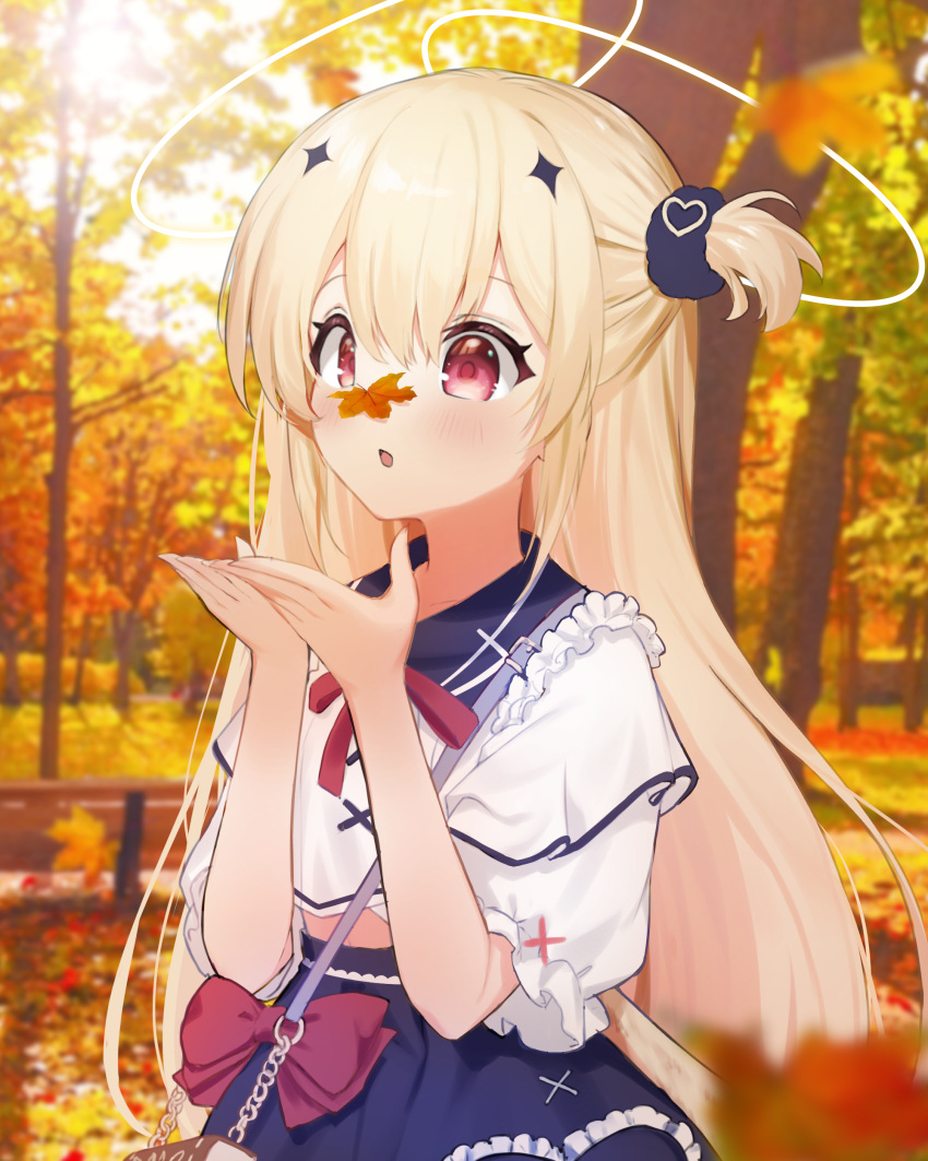 1girl absurdres autumn_leaves bag bangs bench blonde_hair blue_sailor_collar blue_skirt blurry blurry_background blurry_foreground blush bow chucolala collared_shirt commentary_request commission day depth_of_field eyebrows_visible_through_hair hair_between_eyes halo hands_up highres kutar22 leaf long_hair maple_leaf one_side_up outdoors parted_lips pixiv_request puffy_short_sleeves puffy_sleeves purple_bow red_eyes safe sailor_collar shirt short_sleeves shoulder_bag skirt solo suzumiya_rin tree upper_body very_long_hair virtual_youtuber white_shirt