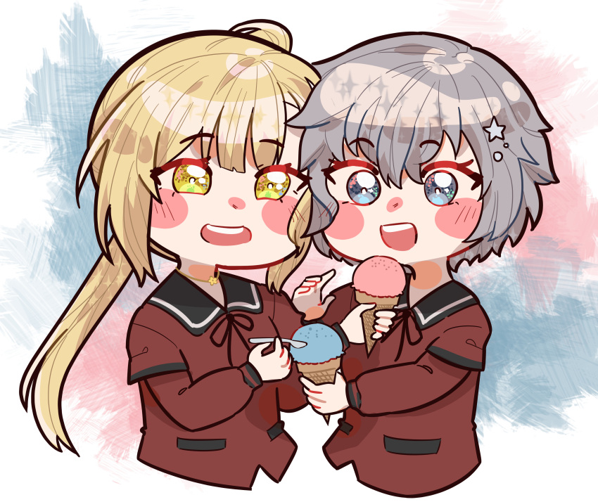 2girls :d absurdres asymmetrical_bangs bangs black_ribbon blonde_hair blue_background blue_eyes blunt_bangs blush_stickers chibi commentary commission cropped_torso english_commentary eyebrows_visible_through_hair flower flower_necklace food grey_eyes grey_hair hair_ornament highres ice_cream ice_cream_cone layered_sleeves long_hair long_sleeves looking_at_food magia_record:_mahou_shoujo_madoka_magica_gaiden mahou_shoujo_madoka_magica mogu_m.g multiple_girls neck_ribbon open_mouth pink_background pocket ponytail red_shirt ribbon safe sailor_collar sankyouin_academy_school_uniform school_uniform second-party_source shinobu_akira_(madoka_magica) shirt short_hair short_over_long_sleeves short_sleeves sidelocks smile sparkle spoon star_(symbol) star_hair_ornament swept_bangs upper_body very_long_hair wing_collar yellow_eyes yellow_flower yusa_hazuki