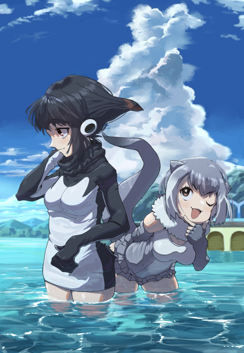 2girls adelie_penguin_(kemono_friends) animal_ears arm_behind_back bangs bent_over black_hair blue_sky brown_eyes brown_hair closed_mouth clouds day dress elbow_gloves fingerless_gloves fur_collar gloves grey_hair hand_on_own_chin hand_up headphones highres impossible_hair kemono_friends light_smile long_sleeves looking_at_another medium_hair microdress mountainous_horizon multicolored_hair multiple_girls one-piece_swimsuit one_eye_closed open_mouth otter_ears otter_girl otter_tail outdoors semikouen sky small-clawed_otter_(kemono_friends) smile stroking_own_chin swimsuit tail two-tone_hair v-shaped_eyebrows wading water