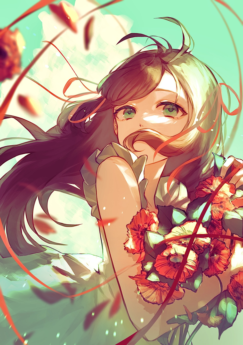 1girl absurdres bouquet brown_hair clouds commentary_request dress falling_petals flower fruct0se_fa gerbera green_eyes green_sky hair_between_eyes hair_over_mouth highres holding holding_bouquet holding_flower long_hair original petals red_flower red_ribbon ribbon sleeveless sleeveless_dress solo upper_body white_dress wind