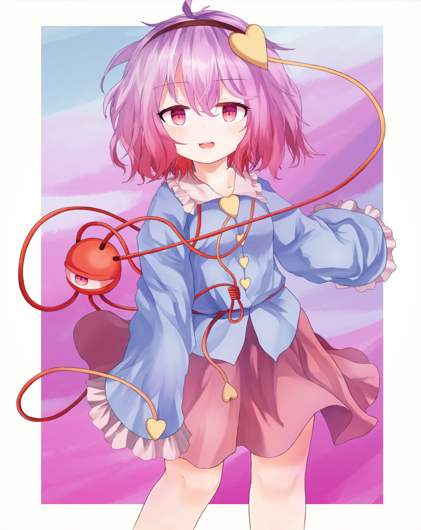 1girl ahoge ar_(maeus) blouse blue_shirt buttons empty_eyes eyeball feet_out_of_frame frilled_shirt_collar frilled_sleeves frills hairband heart heart_button highres komeiji_satori long_sleeves looking_at_viewer messy_hair miniskirt open_mouth parted_lips pink_eyes pink_skirt purple_hair red_hairband ribbon_trim shirt short_hair skirt sleeves_past_fingers sleeves_past_wrists smile solo third_eye touhou wide_sleeves