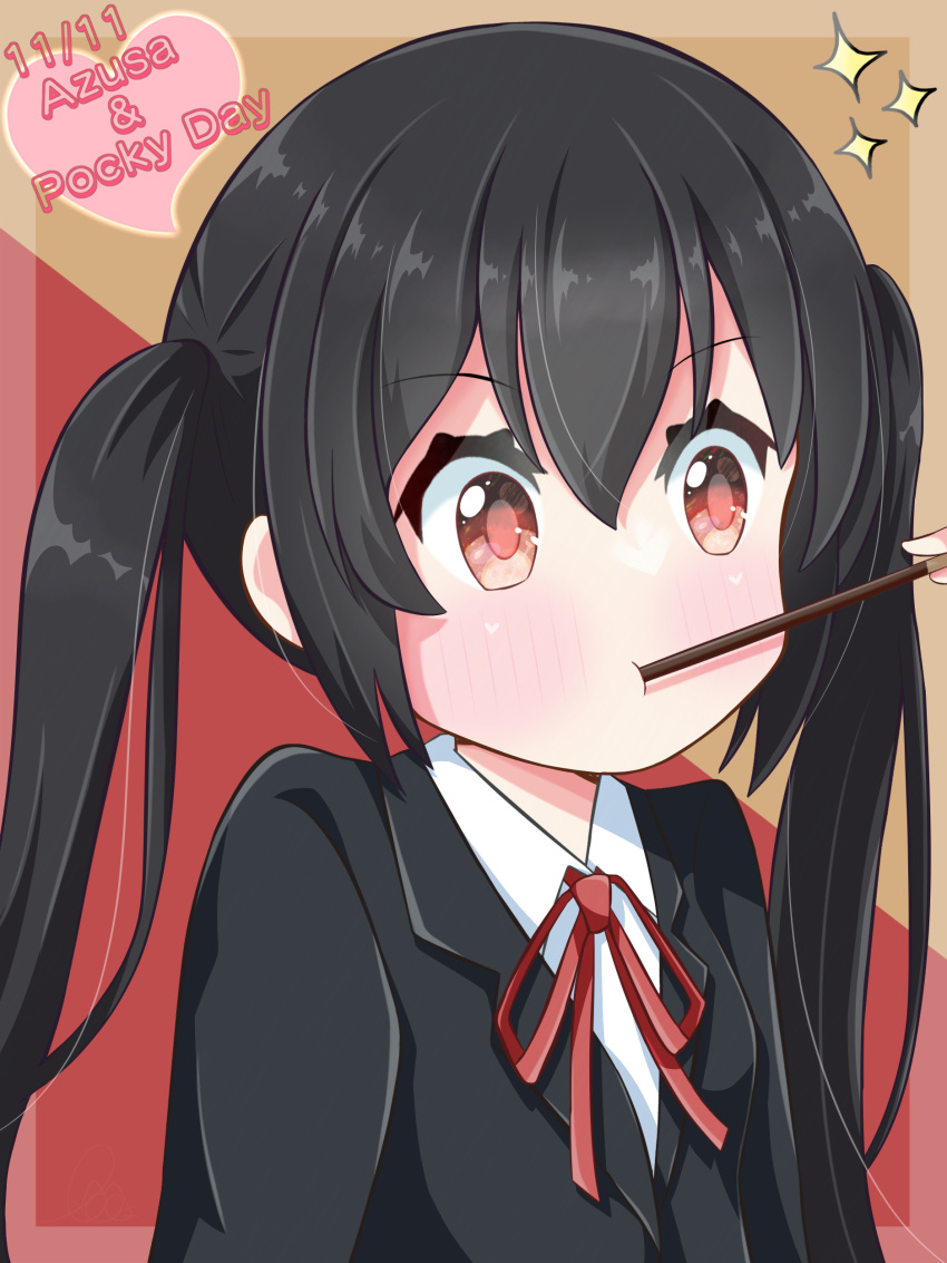 1girl 1other absurdres bangs beenyan_1203 black_hair black_jacket blazer blush brown_eyes character_name collared_shirt commentary_request dated food food_in_mouth hair_between_eyes highres jacket k-on! long_hair mouth_hold nakano_azusa neck_ribbon pocky pocky_day red_ribbon ribbon safe sakuragaoka_high_school_uniform school_uniform shirt sidelocks solo solo_focus twintails upper_body white_shirt