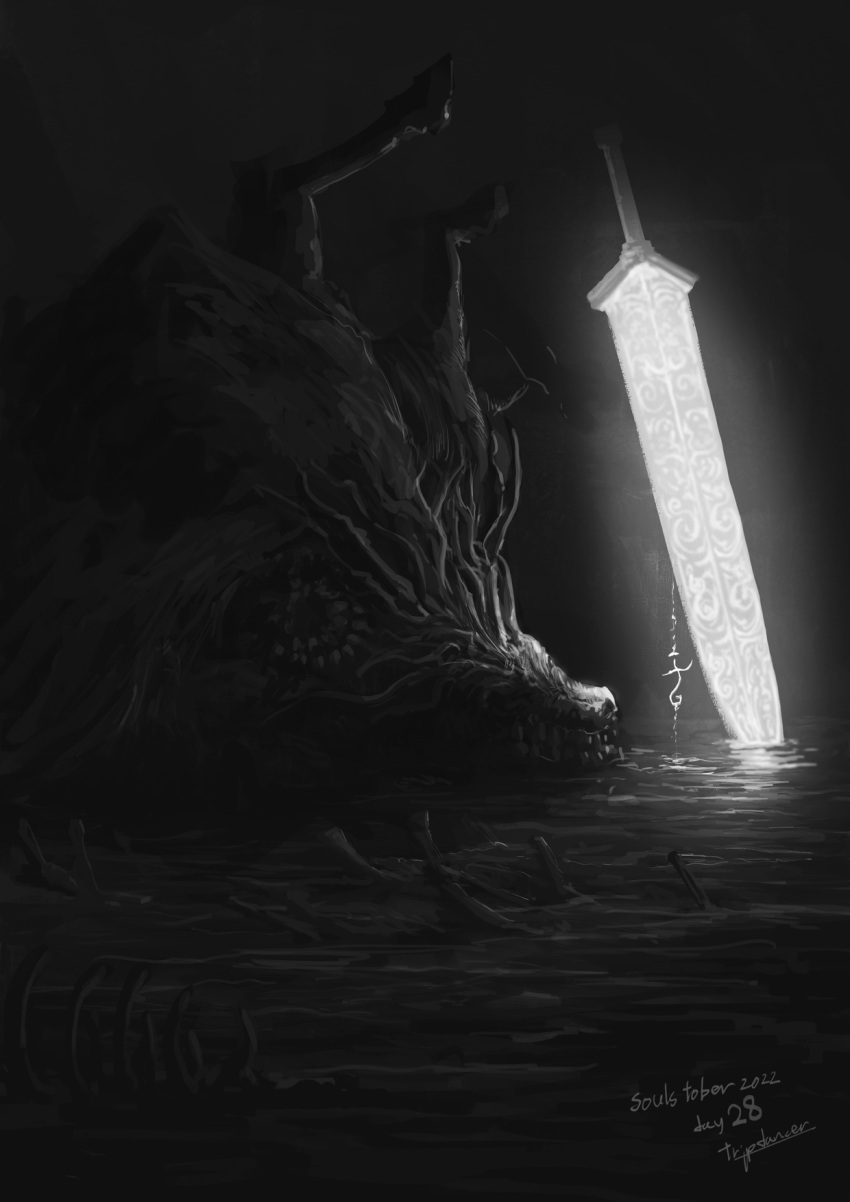 artist_name bangs bloodborne commentary_request from_side glowing glowing_sword glowing_weapon greyscale highres ludwig_the_accursed monochrome monster moonlight_greatsword no_humans safe signature skull sword teeth tripdancer water weapon