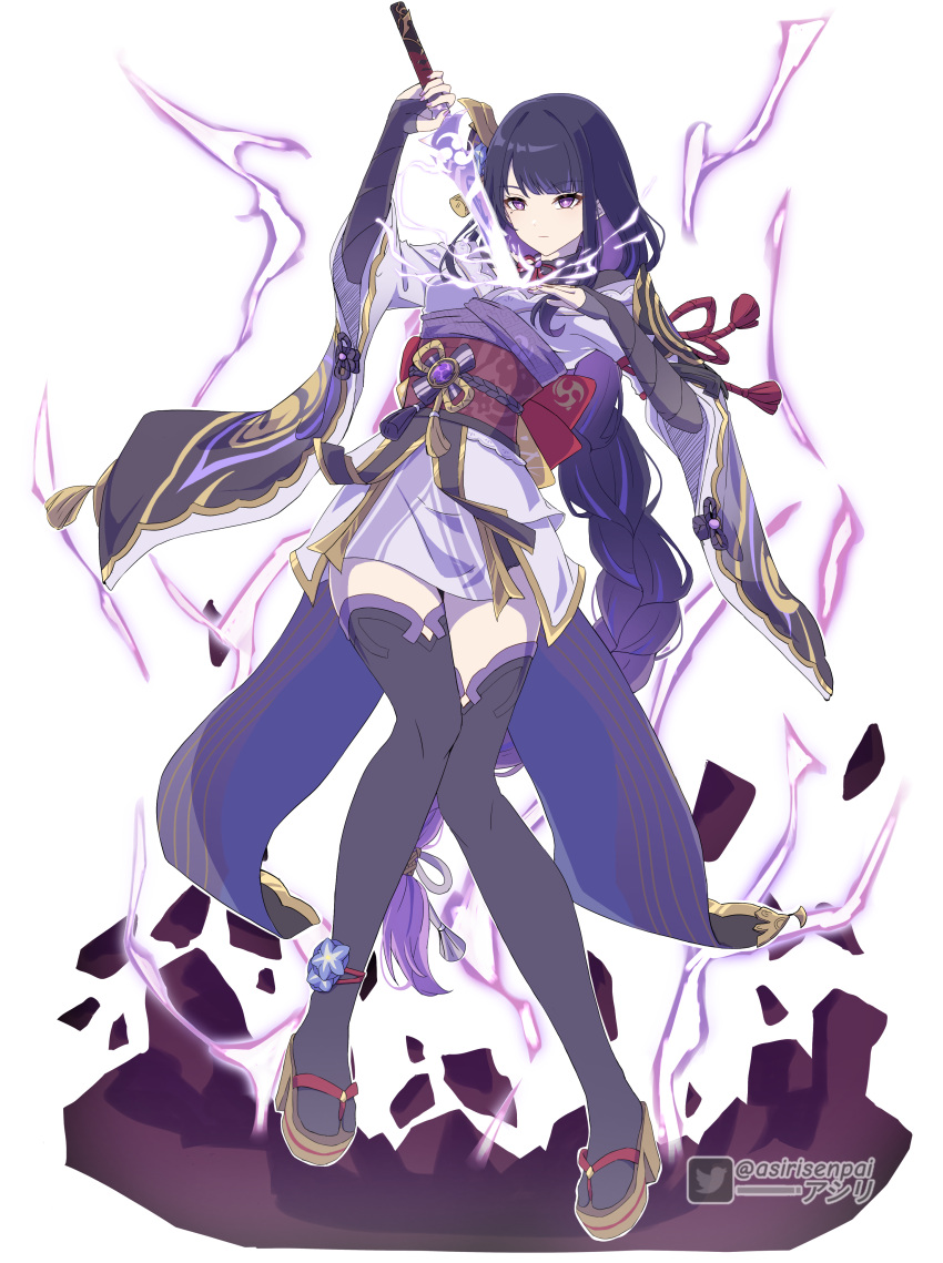 1girl absurdres armor asiri_senpai bangs black_hair black_thighhighs blunt_bangs bow bowtie bridal_gauntlets commentary english_commentary full_body genshin_impact gradient_hair hair_bow hair_ornament hair_ribbon highres holding holding_sword holding_weapon japanese_clothes lightning long_hair long_sleeves looking_at_viewer low-tied_long_hair low_ponytail mitsudomoe_(shape) multicolored_hair obi obiage pulling purple_eyes raiden_shogun ribbon safe sash shoulder_armor sidelocks simple_background solo sword thigh-highs thighhighs tomoe_(symbol) two-tone_hair violet_eyes weapon white_background wide_sleeves zettai_ryouiki