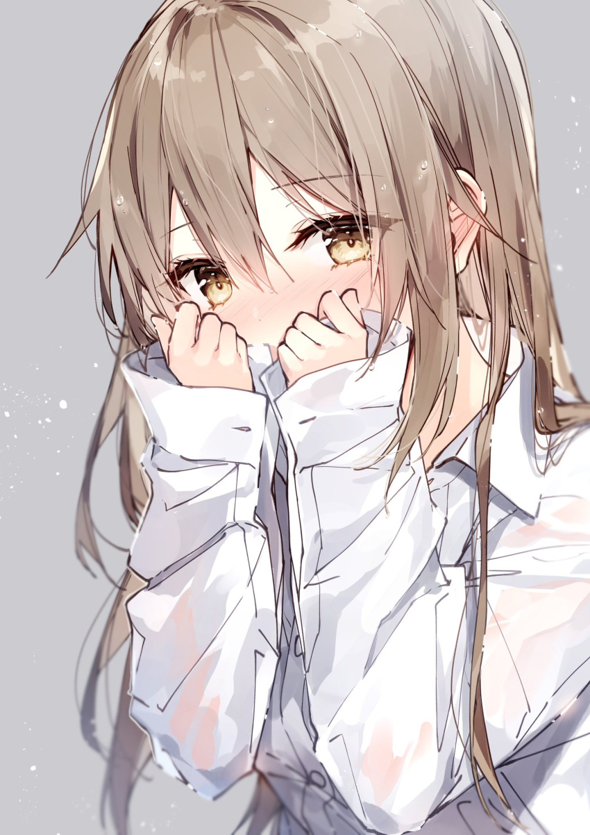 1girl annelise_(mochizuki_shiina) bangs blush brown_eyes brown_hair collared_shirt commentary_request dress_shirt gradient gradient_background grey_background hair_between_eyes highres long_hair long_sleeves looking_at_viewer mochizuki_shiina original oversized_clothes oversized_shirt safe shirt simple_background sleeves_past_wrists solo upper_body wet wet_hair white_shirt