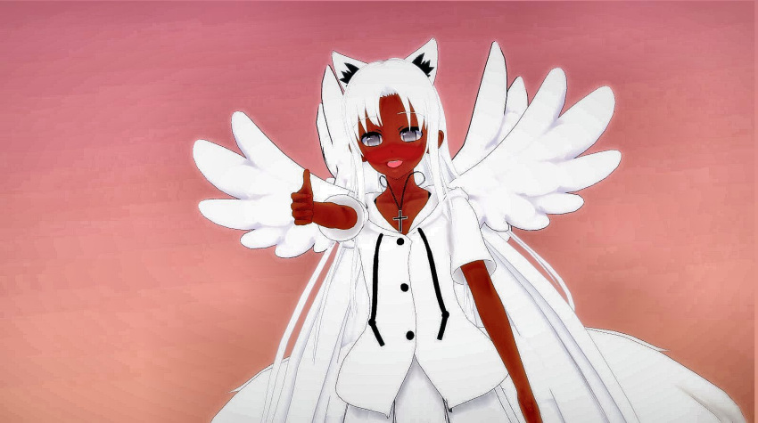1girl angel angel_wings animal_ear_fluff animal_ears cross cross_necklace dark-skinned_female dark_skin feathered_wings grey_eyes jewelry long_hair looking_at_viewer lunabrie necklace non-web_source safe self_upload solo thumbs_up very_long_hair white_hair wings wolf_ears wolf_girl