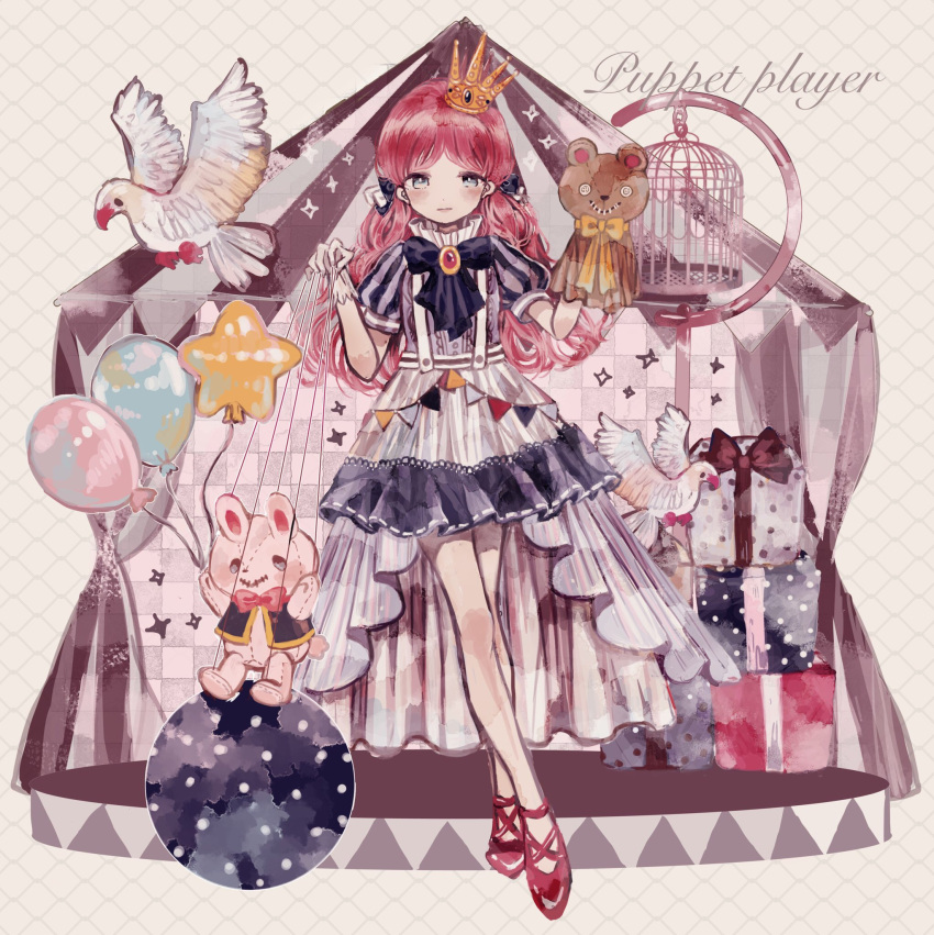 1girl ball balloon bangs bird birdcage black_bow blue_eyes blunt_bangs bow box brown_ribbon bunting cage checkered_background circus circus_tent closed_mouth collar crown decorations english_text gem gift gift_box gloves hand_puppet high_collar highres holding holding_balloon long_hair mini_crown original parted_bangs pink_bow puffy_short_sleeves puffy_sleeves puppet puppet_strings red_bow red_footwear redhead ribbon safe shirt short_sleeves skirt sleeve_cuffs star_balloon strappy_heels string striped striped_shirt stuffed_animal stuffed_bunny stuffed_toy supika suspender_skirt suspenders teddy_bear tent triangle two-tone_skirt vertical-striped_shirt vertical_stripes white_bird white_collar white_gloves white_ribbon yellow_bow