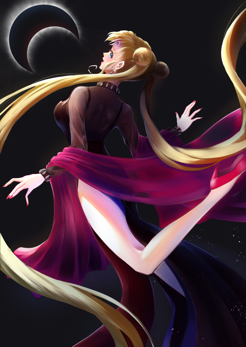 1girl absurdres bishoujo_senshi_sailor_moon black_lady black_lady_(cosplay) blonde_hair blue_eyes breasts corruption cosplay crescent crescent_facial_mark crystal_earrings dark_persona double_bun dress earrings facial_mark forehead_mark from_behind hair_bun highres jewelry long_hair looking_at_viewer looking_back mismick moon nail_polish red_nails safe see-through solo tsukino_usagi twintails very_long_hair