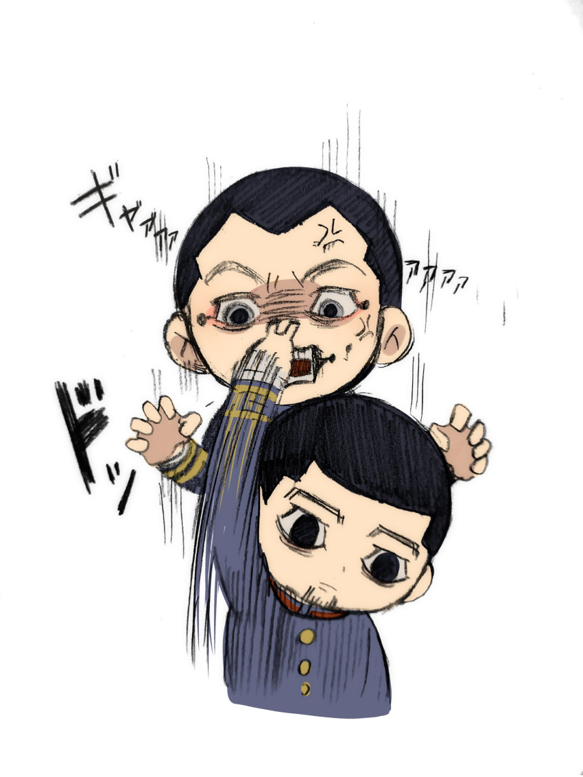2boys anger_vein black_eyes black_hair buzz_cut chibi cropped_torso expressionless facial_hair fighting finger_to_another's_nose goatee golden_kamuy gradient hair_strand highres male_focus multiple_boys ogata_hyakunosuke ri_(ri_kaos21) safe scar scar_on_cheek scar_on_face short_hair speed_lines stitches stubble usami_tokishige very_short_hair