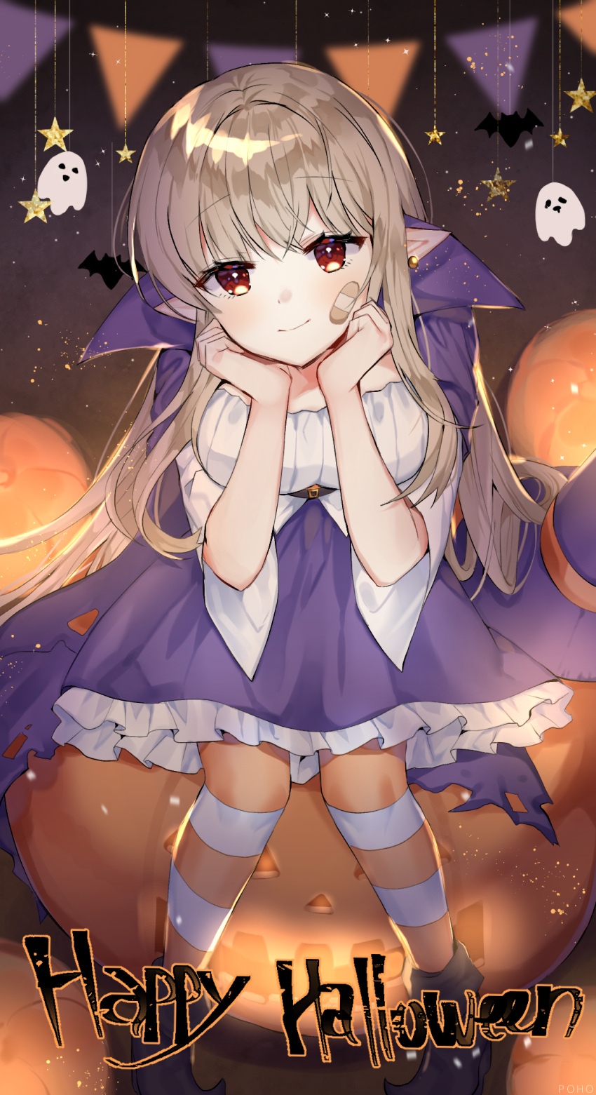 1girl bandage_on_face bandages bandaid bat_(animal) cape dress dungeon_and_fighter ghost halloween highres ikki_the_vikki jack-o'-lantern leaning_forward long_hair poho pointy_ears purple_dress safe smile solo sparkle star_(symbol) streamers striped striped_legwear striped_thighhighs thigh-highs trick_or_treat
