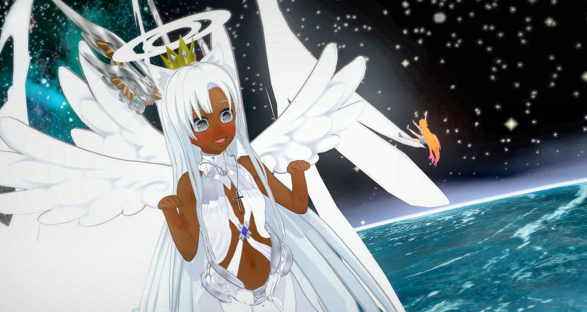 1girl angel_wings animal_ears cross cross_necklace crown dark_skin dress giant giantess grey_eyes jewelry long_hair lunabrie necklace non-web_source open_mouth safe smile solo white_dress wings wolf_ears