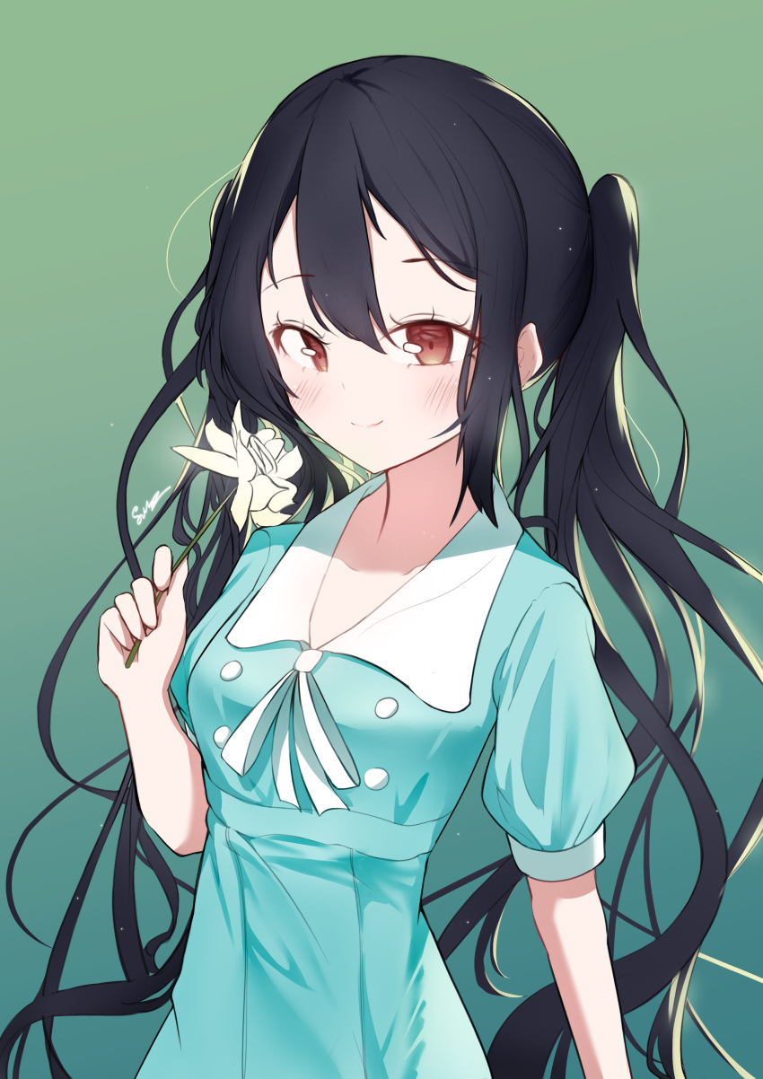 1girl absurdres bangs black_hair blush brown_eyes closed_mouth commentary dress flower gradient gradient_background green_background green_dress hair_between_eyes highres holding holding_flower k-on! long_hair looking_at_viewer nakano_azusa safe short_sleeves simple_background siro111 smile solo twintails upper_body very_long_hair