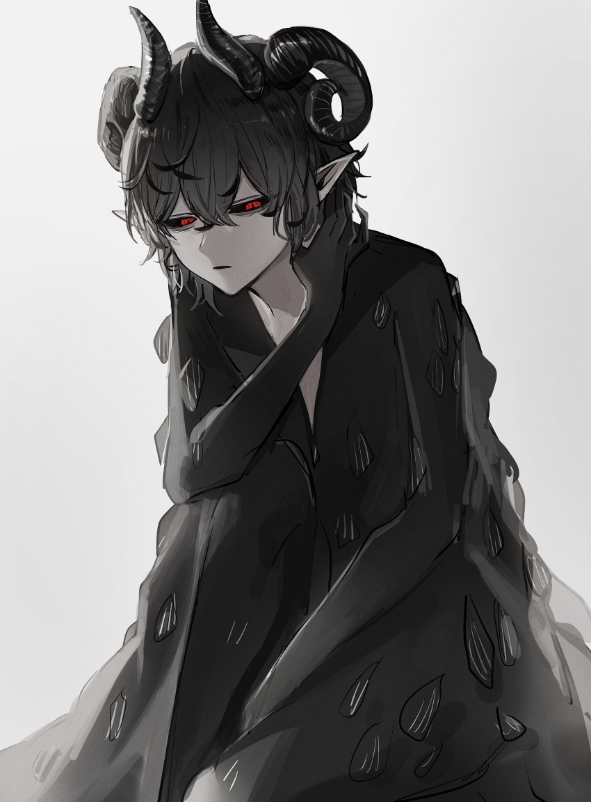 1boy adrammelech_(black_clover) black_clover black_hair black_sclera claws closed_mouth colored_sclera demon_boy demon_horns gradient gradient_background grey_sky highres horns looking_at_viewer male_focus pointy_ears red_eyes safe simple_background solo spot_color tsugutoku white_background