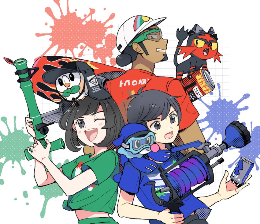 1girl 2boys ;d atsumi_yoshioka bamboozler_14_(splatoon) bangs black_eyes black_hair black_headwear blue_shirt can clothed_pokemon company_connection crossover dark-skinned_male dark_skin elio_(pokemon) facial_hair gen_7_pokemon goatee goggles green-framed_eyewear green_shirt grin h-3_nozzlenose_(splatoon) hair_bun hat kukui_(pokemon) litten microphone multiple_boys nintendo on_head on_shoulder one_eye_closed over-rim_eyewear paint_splatter pokemon pokemon_(creature) pokemon_(game) pokemon_on_head pokemon_on_shoulder pokemon_sm popplio range_blaster_(splatoon) red_shirt round_teeth rowlet safe selene_(pokemon) semi-rimless_eyewear shirt short_hair short_sleeves single_hair_bun smile splatoon_(series) splatoon_3 starter_pokemon_trio swept_bangs t-shirt teeth tied_shirt upper_teeth white_headwear you_(pokemon)