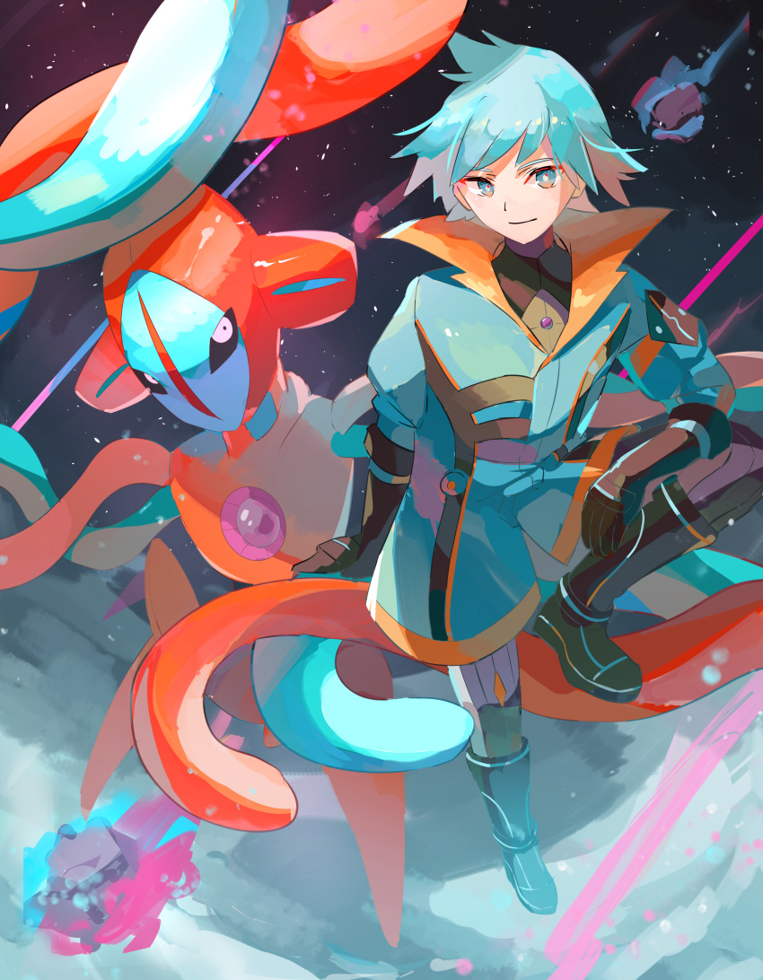 1boy absurdres bangs black_footwear black_gloves boots bright_pupils closed_mouth coat commentary_request deoxys gloves green_eyes green_hair highres leg_up male_focus meteor official_alternate_costume pants pokemon pokemon_(creature) pokemon_(game) pokemon_masters_ex shirt short_hair smile steven_stone steven_stone_(sygna_suit) tentacles yu_no6767