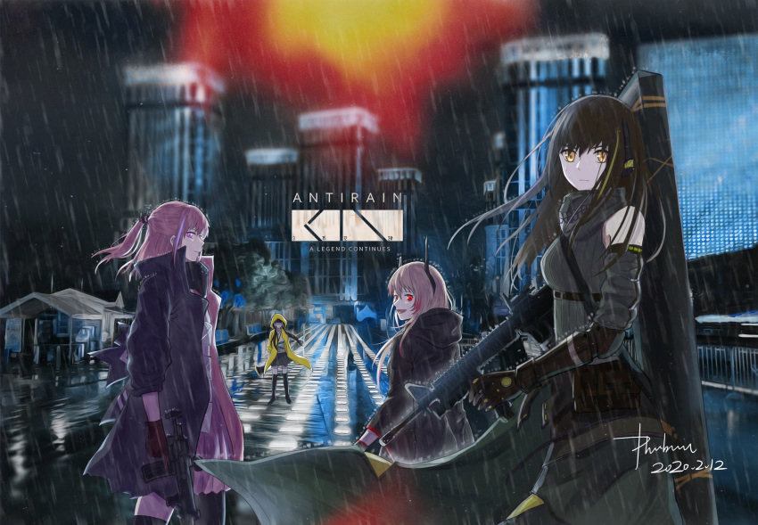 4girls anti-rain_(girls'_frontline) ar-15 armband artist_name assault_rifle bangs black_gloves black_hair black_jacket brown_hair brown_sweater building closed_mouth dated dress eyepatch feet_out_of_frame floating_hair from_behind from_side girls_frontline gloves green_sweater_vest grey_skirt gun headset highres holding holding_gun holding_weapon hood hood_down hood_up hooded_jacket jacket long_hair looking_at_viewer m4_carbine m4_sopmod_ii_(girls'_frontline) m4a1_(girls'_frontline) m4a1_(girls_frontline) mechanical_ears mole multicolored_hair multiple_girls open_clothes open_jacket open_mouth pink_eyes pink_hair rain red_eyes rifle ro635_(girls'_frontline) scar scarf serious side_ponytail sidelocks skirt smile st_ar-15_(girls'_frontline) st_ar-15_(girls_frontline) standing streaked_hair sweater sweater_vest water_drop weapon weapon_case white_dress wind wind_lift yellow_eyes yellow_jacket zhuge_zhuge_qian