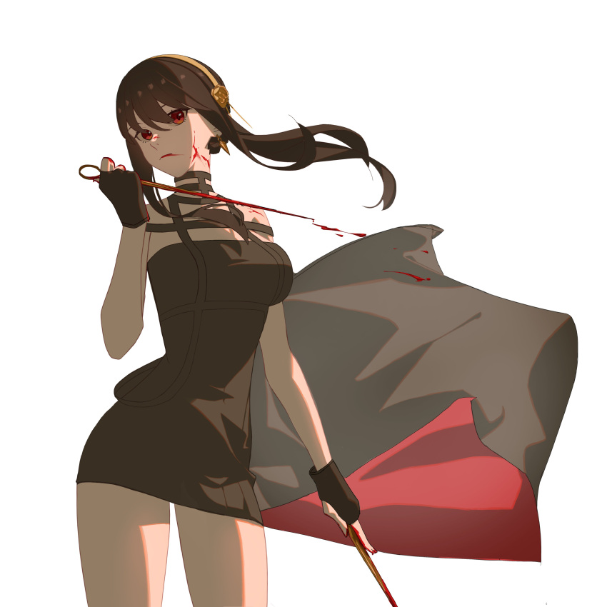 1girl absurdres bangs bare_shoulders black_dress black_hair blood blood_on_face blood_on_weapon breasts chinese_commentary commentary_request dagger dress earrings fingerless_gloves flower gloves hair_flower hair_ornament hairband highres holding jewelry jwhh123 knife red_eyes safe sidelocks solo spy_x_family stiletto_(weapon) weapon yor_briar