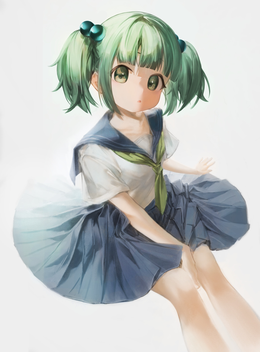 1girl absurdres bangs blue_serafuku blue_skirt blunt_bangs feet_out_of_frame fumori gradient gradient_background green_eyes green_hair hair_bobbles hair_ornament highres kisume looking_at_viewer neckerchief open_mouth pleated_skirt safe sailor_collar school_uniform serafuku short_hair short_sleeves short_twintails sitting skirt solo touhou twintails white_background