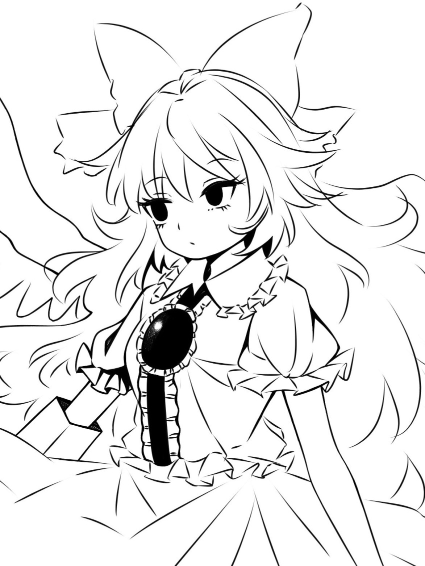 1341398tkrtr 1girl arm_cannon bow center_frills closed_mouth frills greyscale hair_bow high_contrast highres long_hair monochrome puffy_short_sleeves puffy_sleeves reiuji_utsuho shirt short_sleeves simple_background skirt solo third_eye touhou upper_body weapon wings